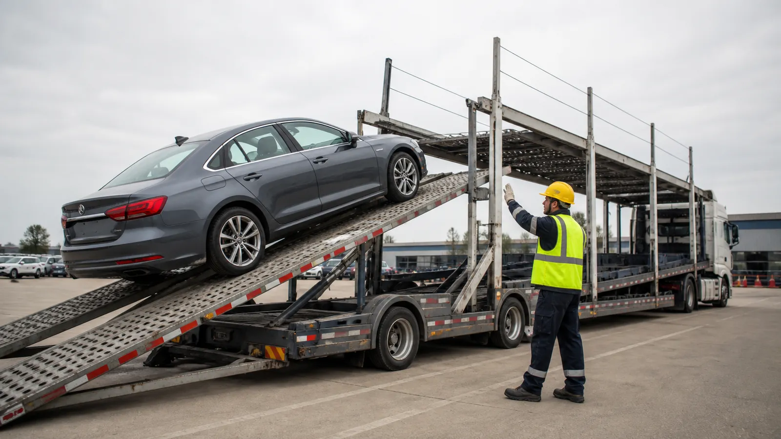 Автомобиль заезжает на верхний уровень открытого автовоза